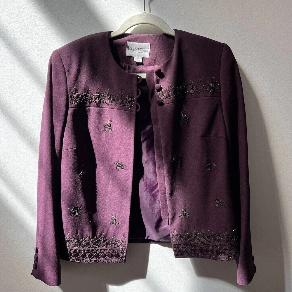 Vtg John Meyer Of Norwich Womens Plum Purple Beaded Suit Blazer Sz 10P Embroider